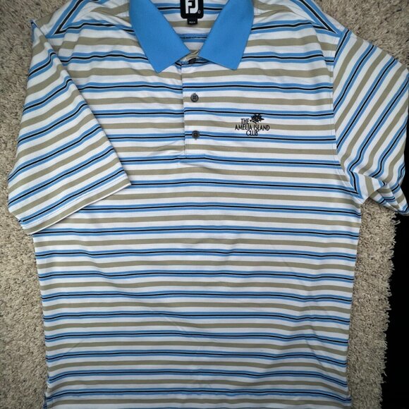 Footjoy Polo Shirt Mens Large Blue Beige Striped Short Sleeve Amelia Island Club - Picture 2 of 16